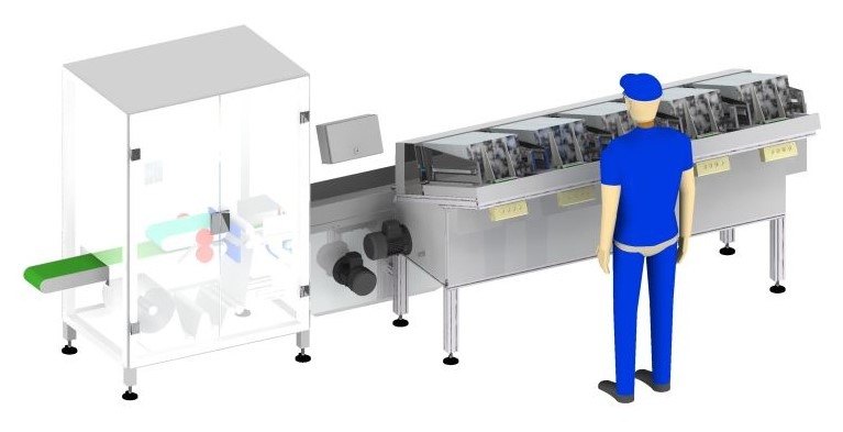Model 3D linii produkcyjnej z operatorem w niebieskim uniformie, prezentujący projekt maszyny przemysłowej z elementami transportu i pakowania.