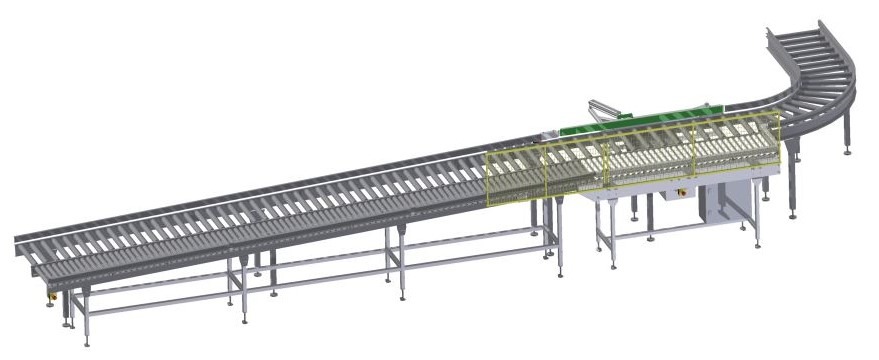 Grafika 3D przedstawia długi, metalowy przenośnik rolkowy z zakrętem, wsparty na stalowej konstrukcji. Widoczne elementy sterujące. Perspektywa izometryczna.