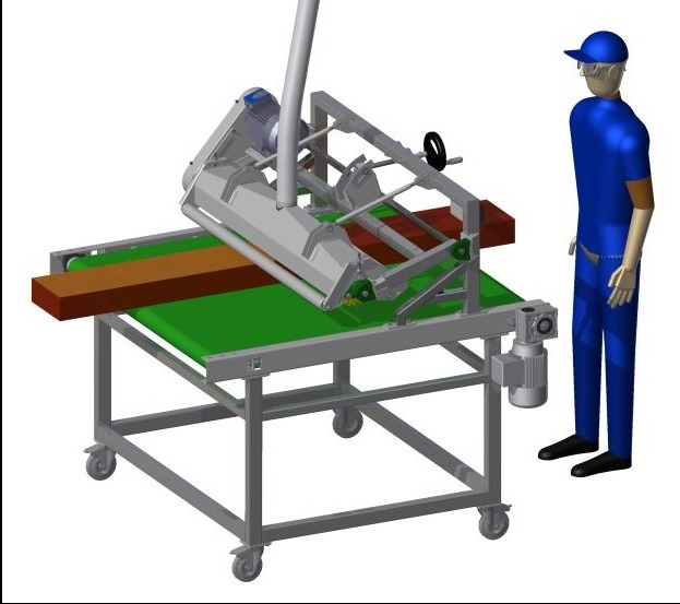 Model 3D maszyny przemysłowej z przenośnikiem taśmowym, z operatorem w uniformie, na szarym tle. Widoczne elementy konstrukcyjne, silnik i detale mechaniczne.