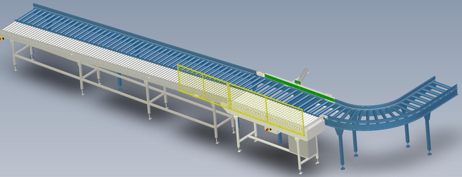 Model 3D linii transportowej z rolkami, z żółtą barierką i elementami automatyki, na szarym tle. Widok z góry, perspektywa izometryczna.