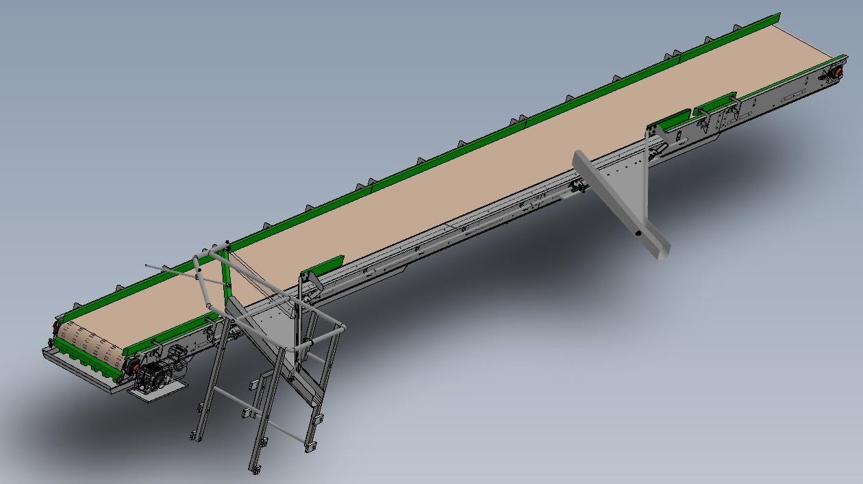 Szczegółowy render 3D przenośnika taśmowego z drabinką, ukazujący mechanizmy i elementy konstrukcyjne w szaro-zielonej kolorystyce na jednolitym tle.