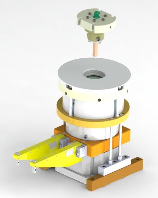 Precyzyjny model 3D urządzenia inżynieryjnego z żółtymi elementami i jasnym tłem, ukazujący szczegóły konstrukcyjne i montażowe.