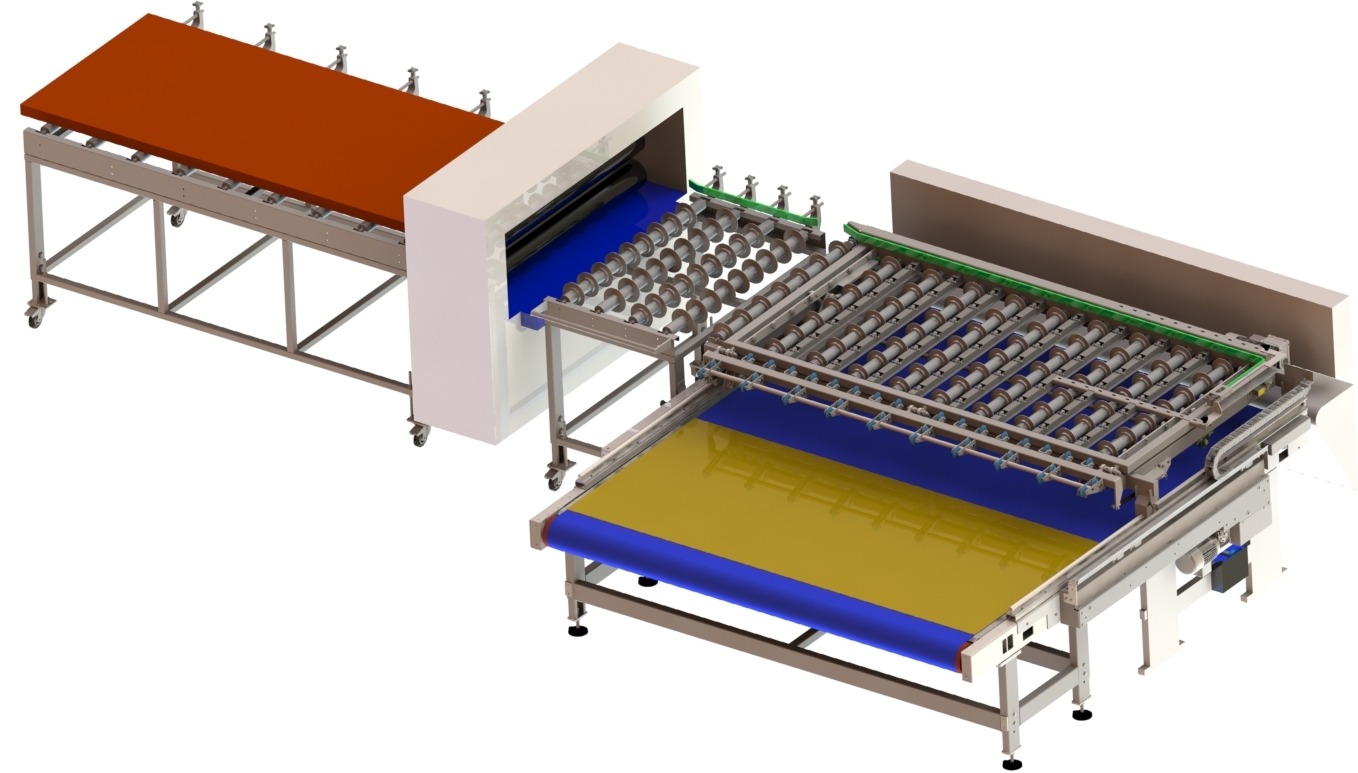 CAD render automatycznej linii produkcyjnej z transporterami rolkowymi i taśmowymi, widok z góry, prezentacja szczegółów konstrukcyjnych.