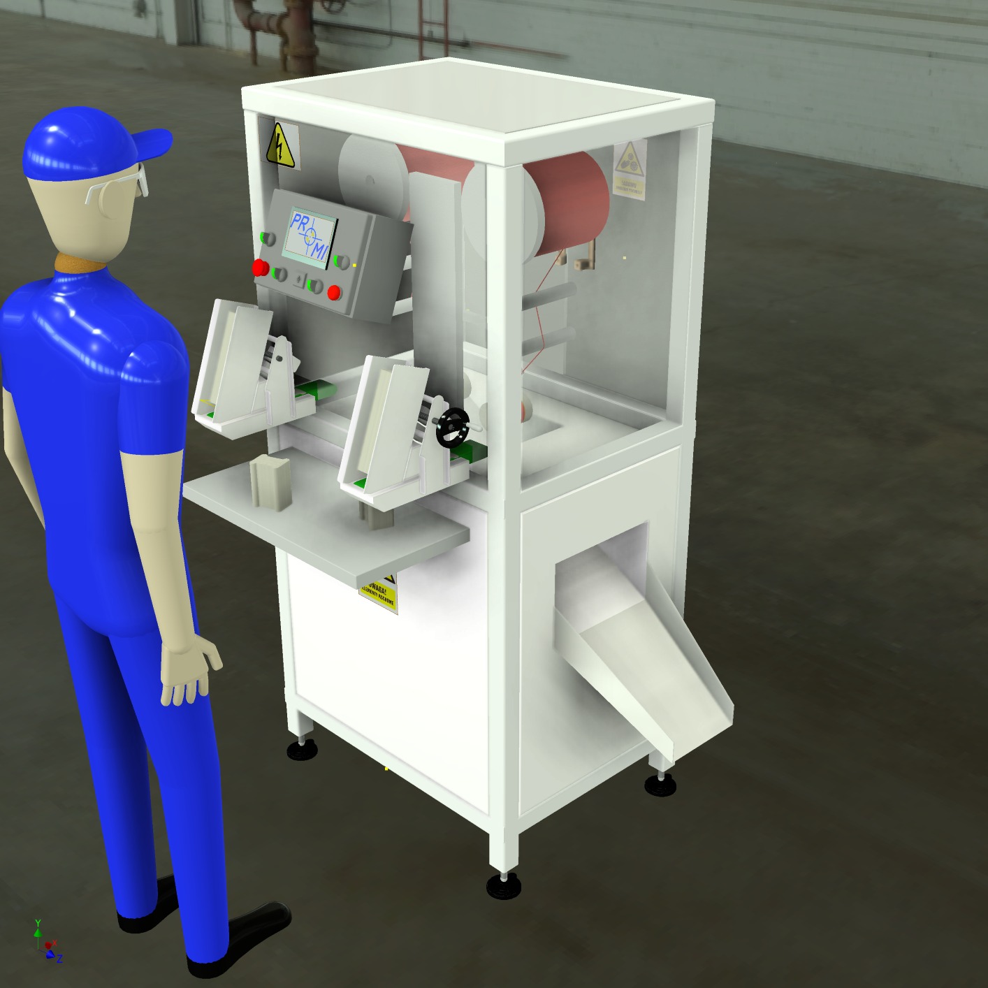 Model 3D maszyny pakującej z operatorem w niebieskim kombinezonie, widok z perspektywy, szare tło. Grafika prezentuje potencjalne zastosowanie maszyny.