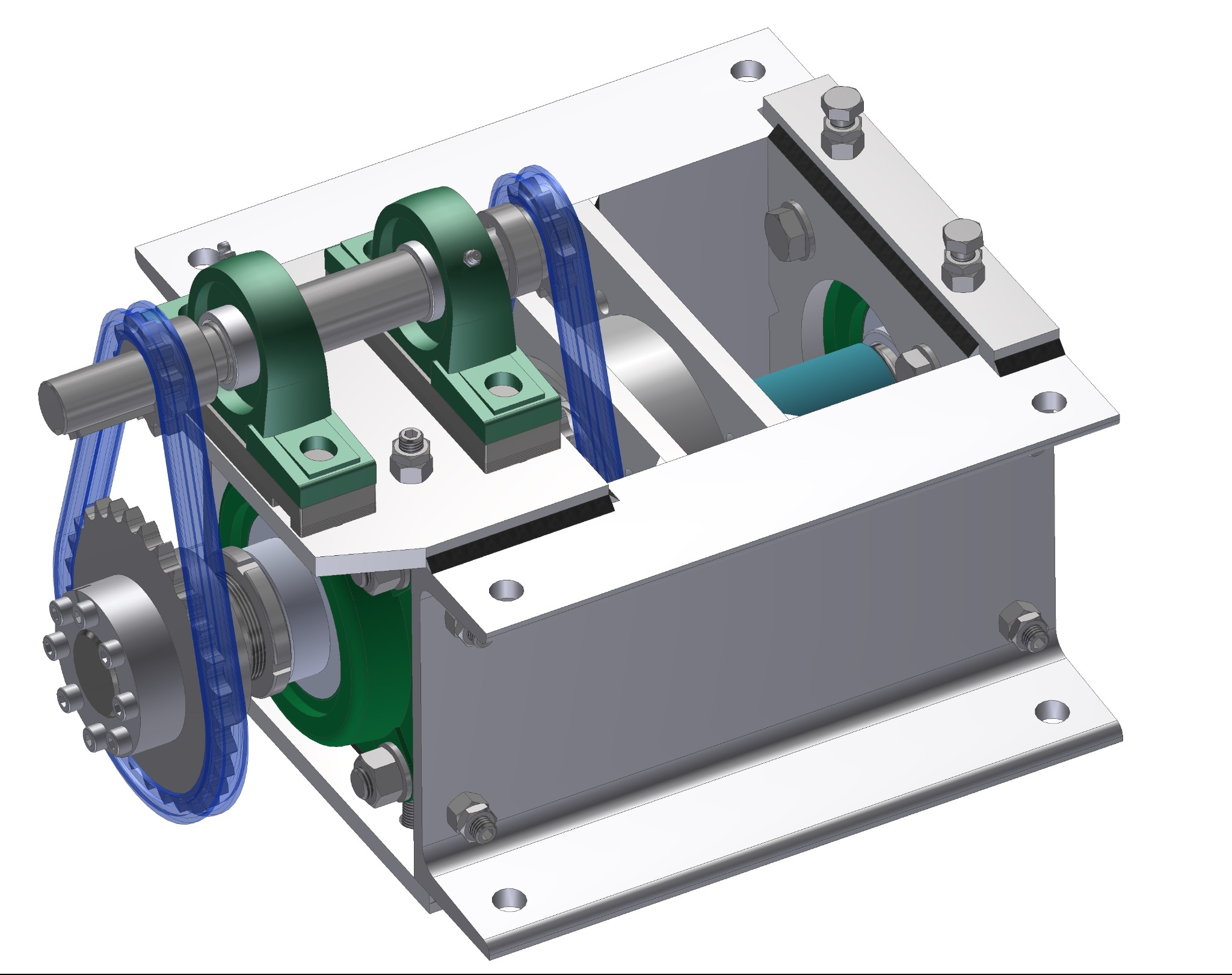 Szary model 3D mechanizmu z zielonymi łożyskami i niebieskim paskiem zębatym, widok z góry i z boku, mocowany śrubami. Ilustracja CAD/CAM/CAE.