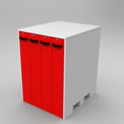 Wizualizacja szafki z czterema czerwonymi drzwiczkami z czarnymi uchwytami, na białym korpusie i blacie. Model 3D na szarym tle.