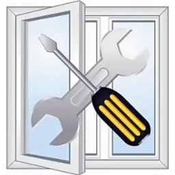 Ilustracja okna PCV z narzędziami: klucz i śrubokręt. Symbol naprawy okien, potencjalnie okna uchylnego.