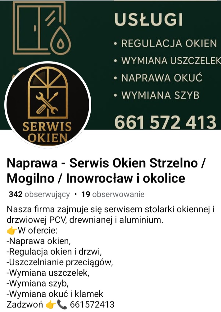 Grafika z logo serwisu okien: ikona okna z narzędziami, lista usług (regulacja, wymiana uszczelek, okuć, szyb) i numer telefonu na ciemnozielonym tle.