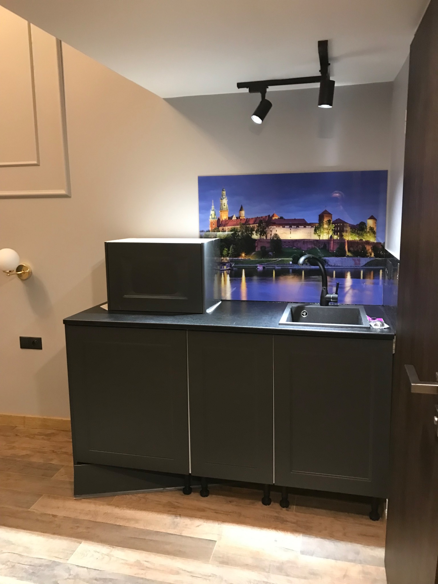 Ciemna zabudowa kuchenna z mikrofalówką i zlewozmywakiem na tle fototapety z motywem Wawelu. Nowoczesne oświetlenie sufitowe i drewnopodobna podłoga.