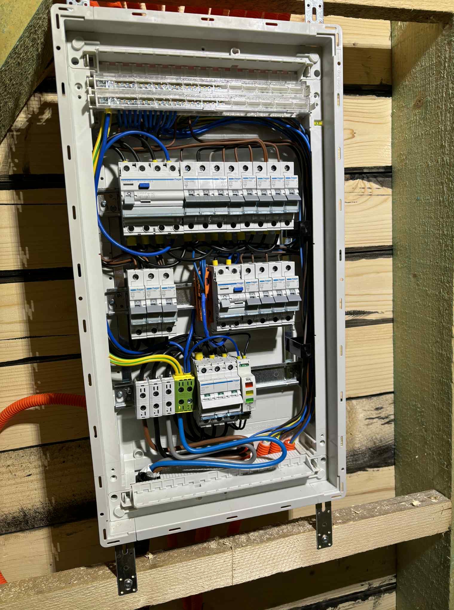 Rozdzielnica elektryczna Hager z bezpiecznikami, zamontowana na drewnianej ścianie. Widoczne przewody, szyny DIN i elementy zabezpieczające. Instalacja w trakcie realizacji.
