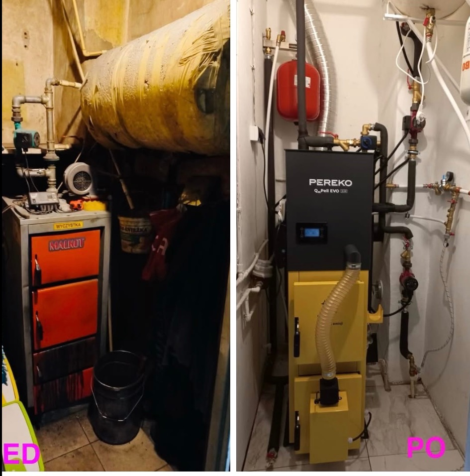 Porównanie: stary piec węglowy (przed) vs. nowy, żółto-czarny piec na pellet (po). Instalacja CO po modernizacji, widoczne rury i zbiornik wyrównawczy.