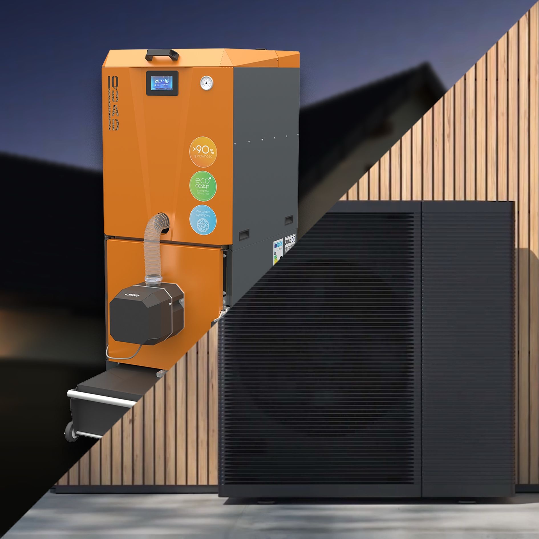 Nowoczesny piec na paliwo stałe w pomarańczowej obudowie, z widocznym wyświetlaczem i elementami eco design, zestawiony z czarną pompą ciepła na tle drewnianej elewacji.