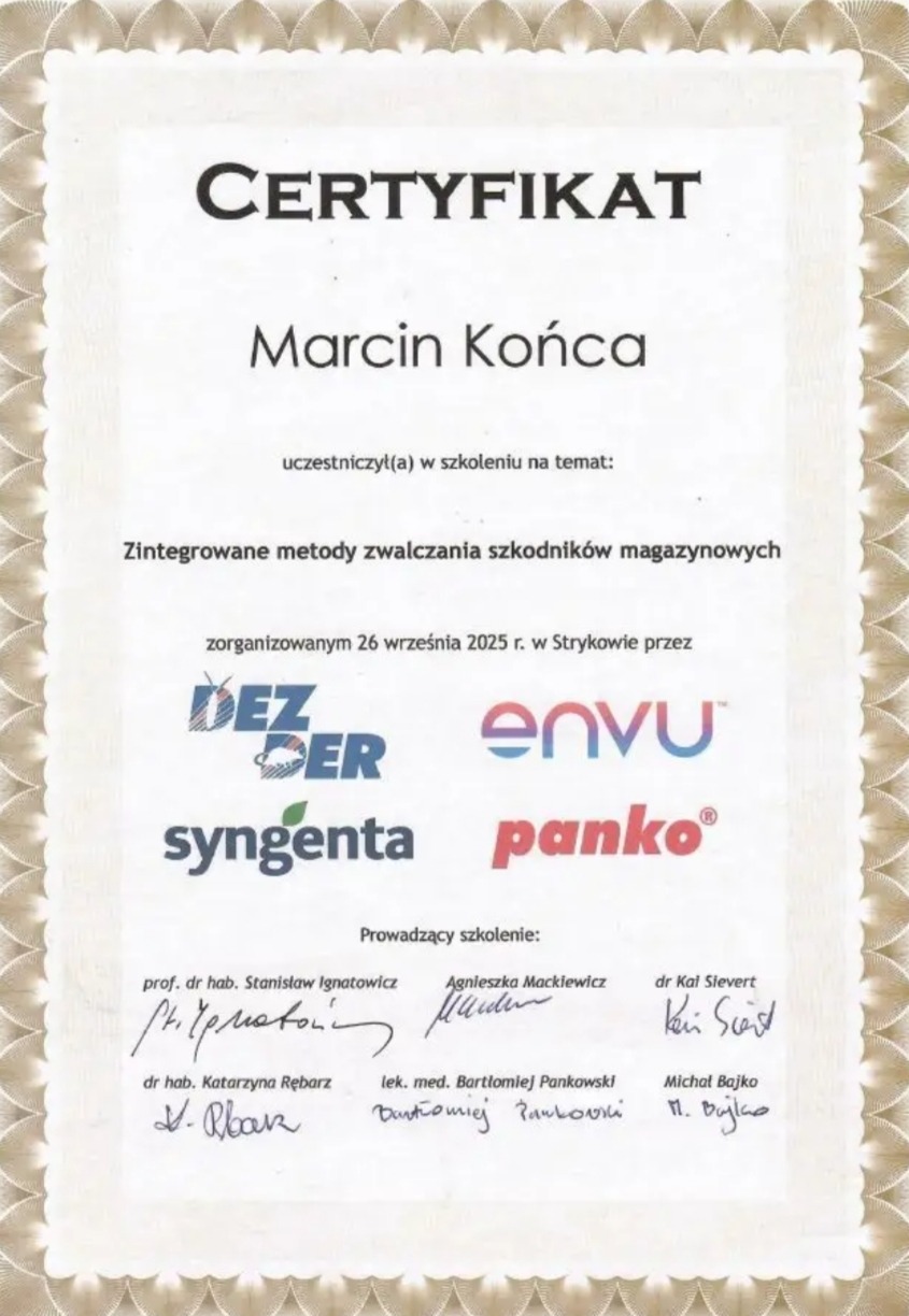 Certyfikat dla Marcina Końcy za udział w szkoleniu o zintegrowanych metodach zwalczania szkodników magazynowych, zorganizowanym 26 września 2025 r. w Strykowie.