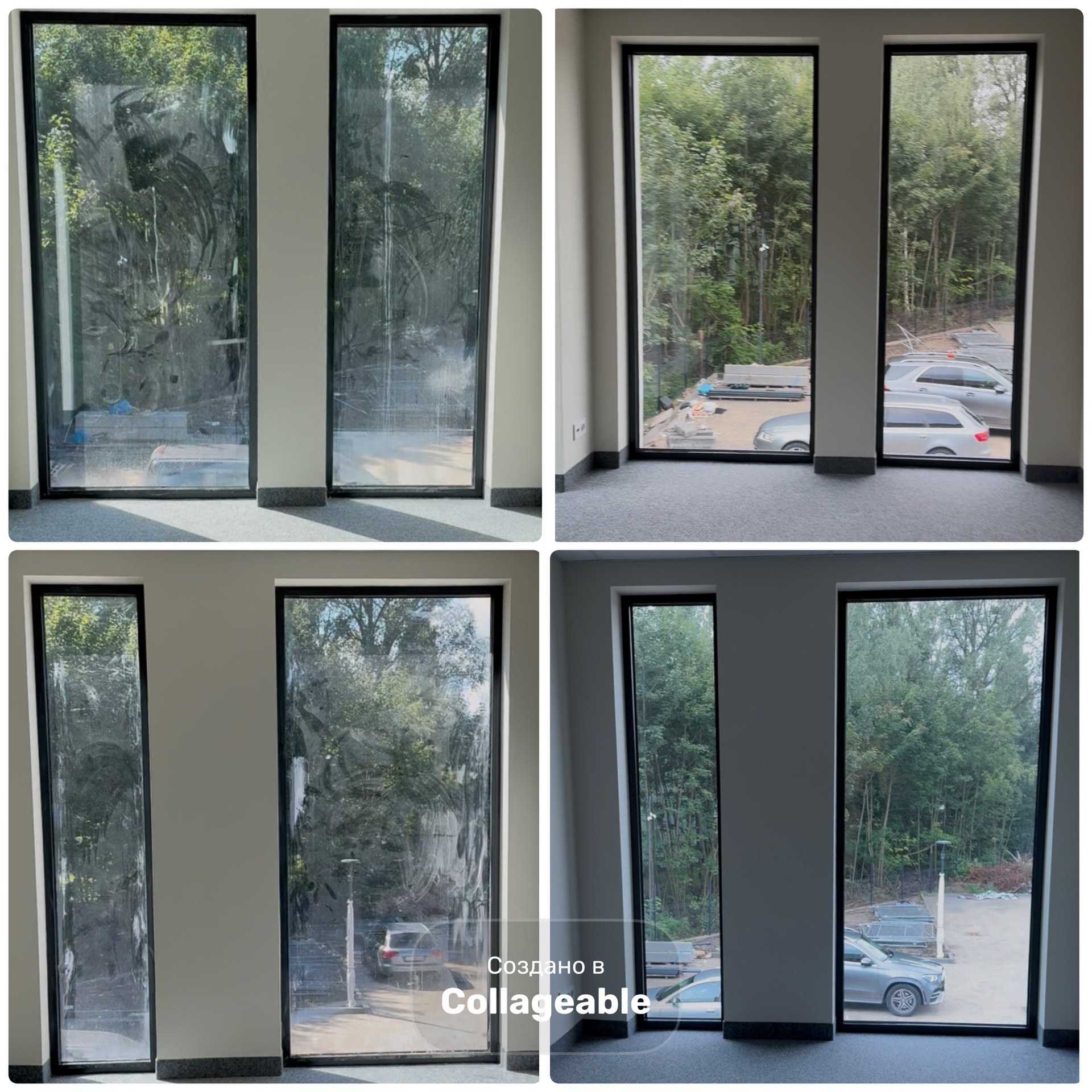 Cztery kadry okien: dwa brudne z zewnątrz, dwa czyste. Widok na zieleń i parking. Porównanie stanu przed i po umyciu okien w budynku.