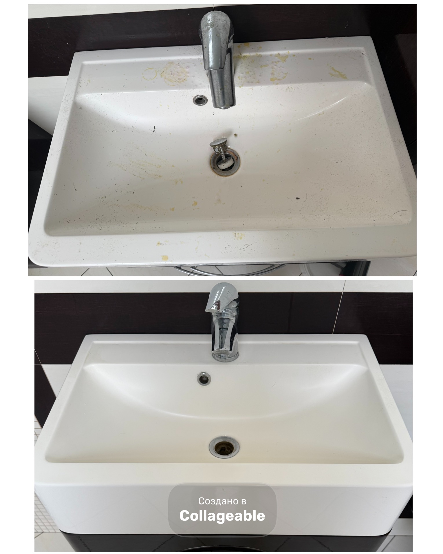 Zestawienie 'przed i po' czyszczenia białej umywalki z chromowaną baterią. Umywalka z widocznymi zabrudzeniami i umywalka po czyszczeniu, lśniąca czystością.