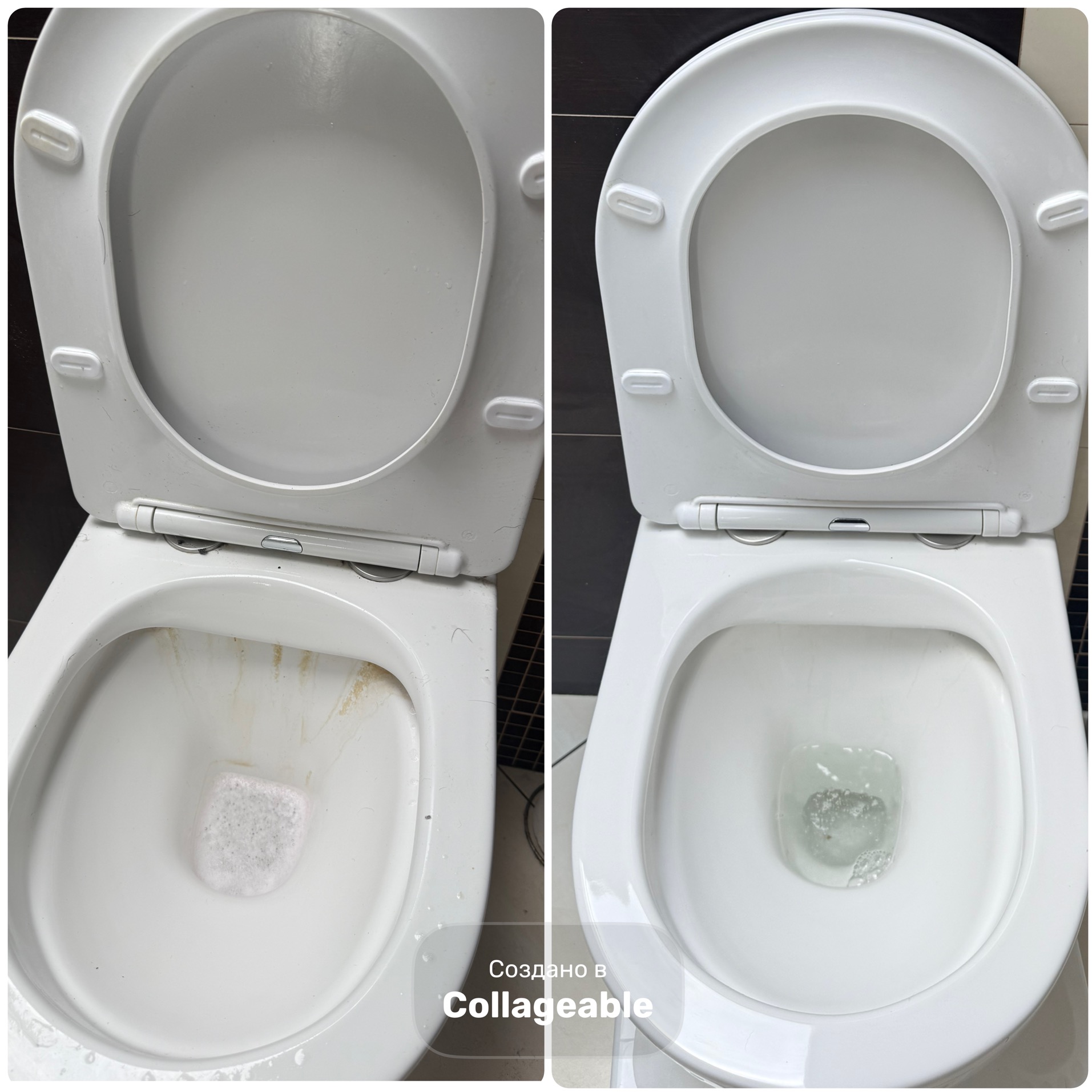 Toaleta przed i po czyszczeniu: widoczna różnica w czystości muszli, ukazująca efekt sprzątania. Deska sedesowa podniesiona.