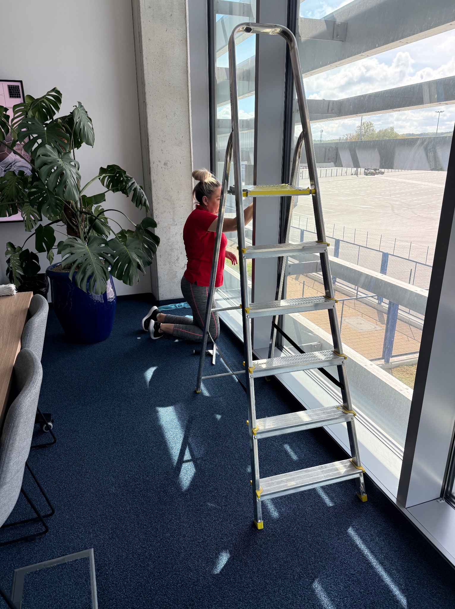 Kobieta na kolanach czyści wysokie okno w biurze za pomocą drabiny. Widoczny fragment biura z rośliną doniczkową. Duże okno z widokiem na parking.