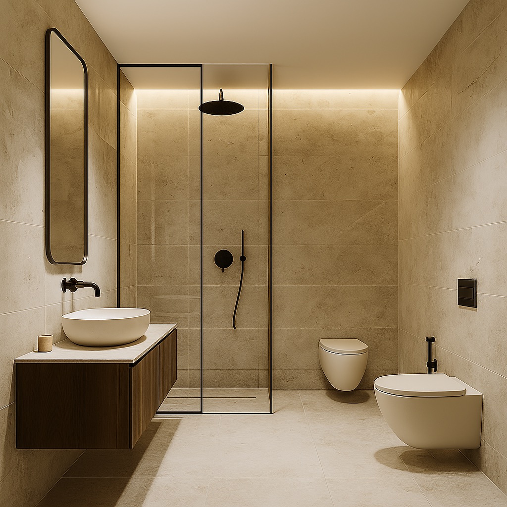 Nowoczesna łazienka z kabiną prysznicową typu walk-in, umywalką nablatową na szafce z ciemnego drewna i podwieszaną toaletą. Minimalistyczny design, beżowe płytki.