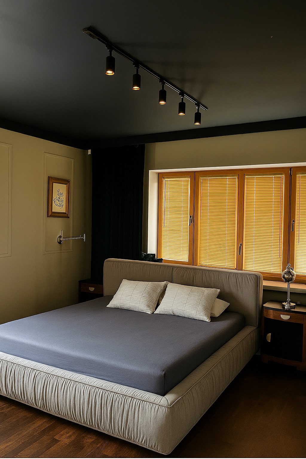 Nowoczesna sypialnia z łóżkiem na tle okna z żaluzjami. Ciemny sufit z reflektorami, drewniana podłoga i stonowana kolorystyka ścian. Minimalistyczny wystrój.