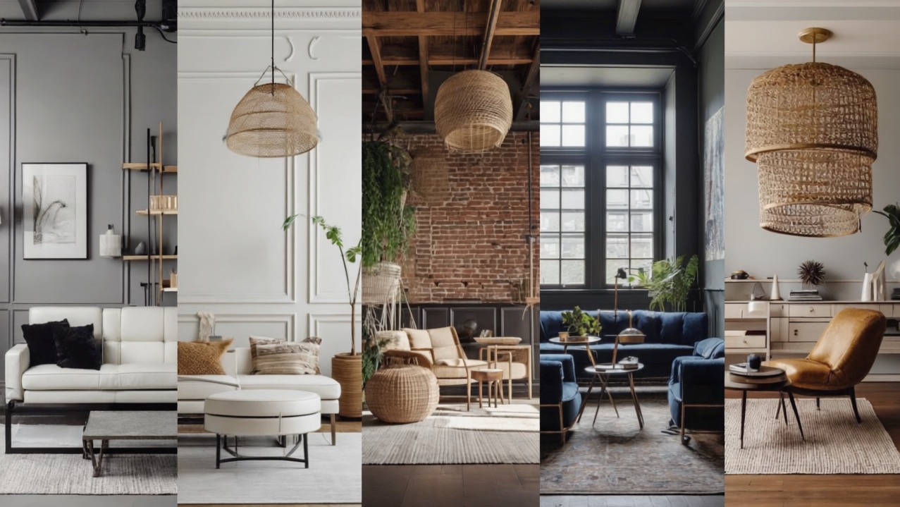 Kolaż pięciu aranżacji wnętrz w różnych stylach: nowoczesny salon z szarą ścianą, jasny salon z rattanową lampą, rustykalny pokój z cegłą, ciemny salon z granatową sofą i jasny salon z fotelem.