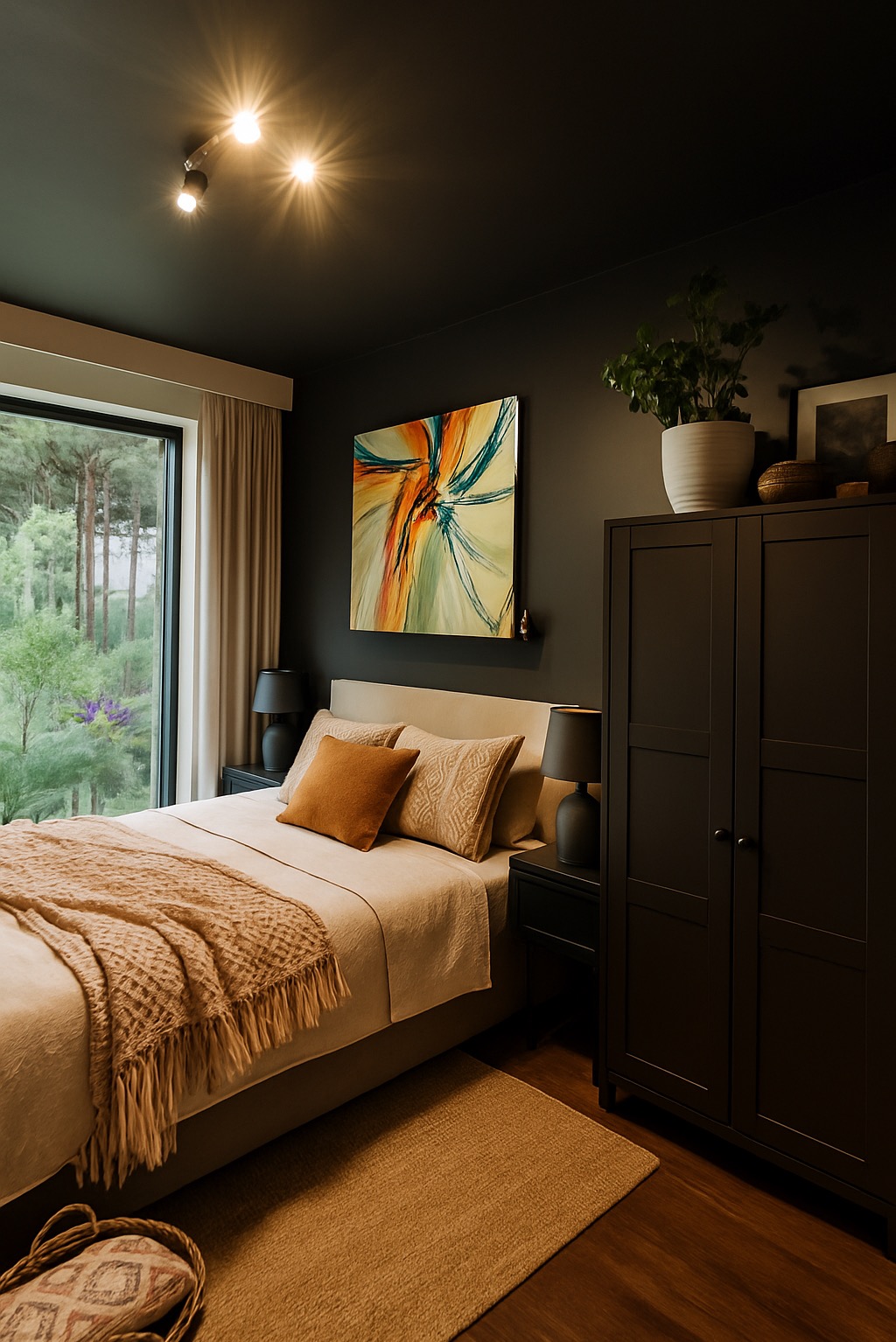 Nowoczesna sypialnia z łóżkiem, obrazem abstrakcyjnym i ciemnymi meblami. Widok na zieleń za oknem. Minimalistyczny design z akcentami kolorystycznymi.