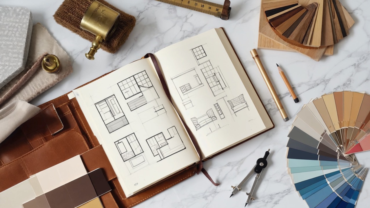 Szkic wnętrza w otwartym notatniku, paleta kolorów, próbki materiałów i przybory kreślarskie na marmurowym tle. Widok z góry, ciepłe oświetlenie.