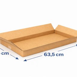 BOX-MASTER - Otwarty, prostokątny karton z tektury falistej, z wymiarami oznaczonymi strzałkami: 63,5 cm długości, 37,5 cm szerokości i 8 cm wysokości. Widok z góry, na białym tle.