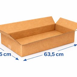 BOX-MASTER - Otwarty karton z tektury falistej, z podanymi wymiarami: 63,5 cm długości, 37,5 cm szerokości i 18,5 cm wysokości. Widok z góry, na białym tle.