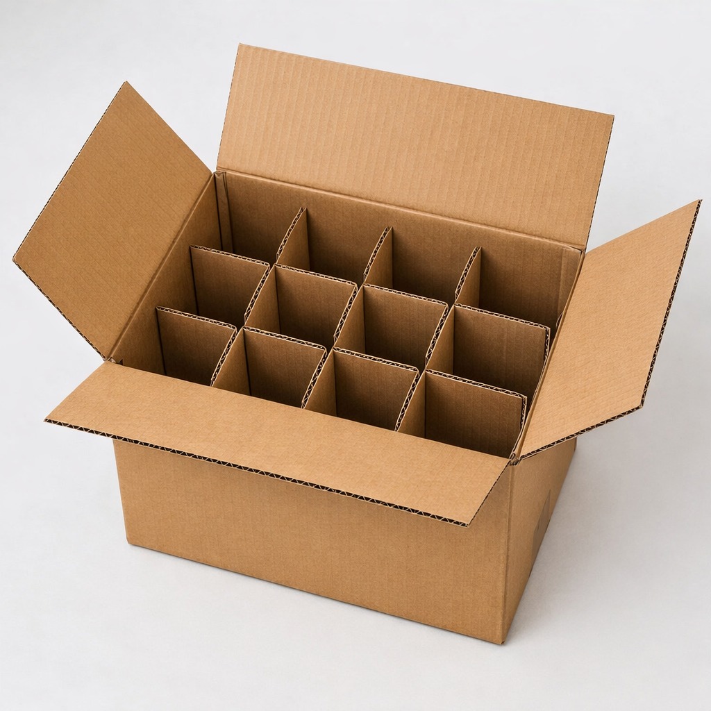 Otwarty karton z przegródkami, wykonany z tektury falistej. Przeznaczony do bezpiecznego transportu delikatnych przedmiotów, widok z góry, neutralne tło.