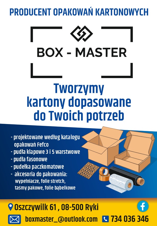 Grafika reklamowa producenta opakowań kartonowych Box-Master. Widoczne kartony, wypełniacze, folia stretch i bąbelkowa. Adres, e-mail i telefon kontaktowy.