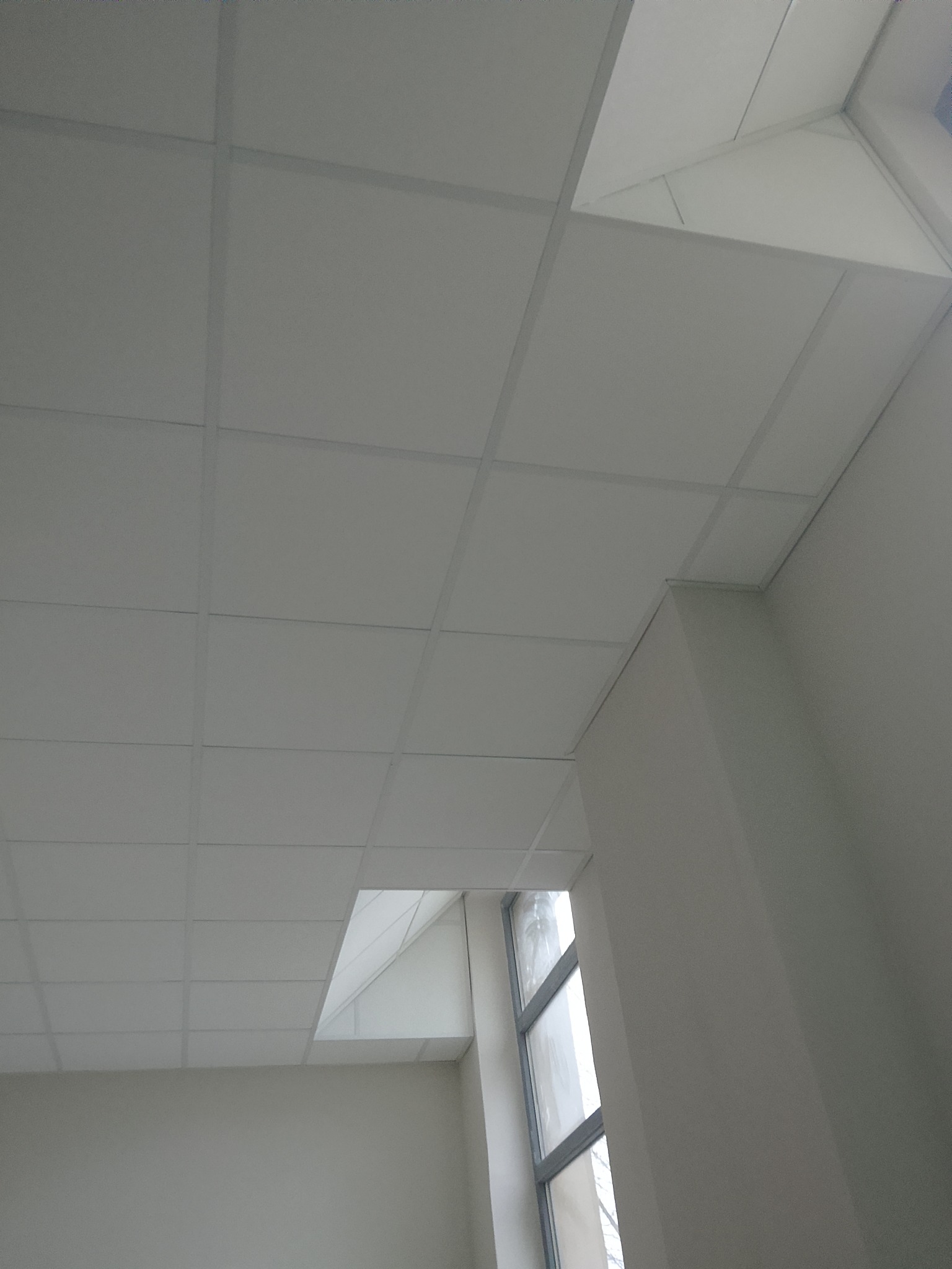 Biały sufit podwieszany kasetonowy z widocznym oknem w tle, oświetlonym naturalnym światłem. Kąt ujęcia z dołu, widoczny fragment ściany.