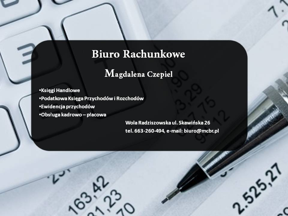 Wizytówka biura rachunkowego Magdalena Czepiel na tle kalkulatora i dokumentów księgowych. Oferta obejmuje księgi handlowe, ewidencję przychodów i obsługę kadrowo-płacową.