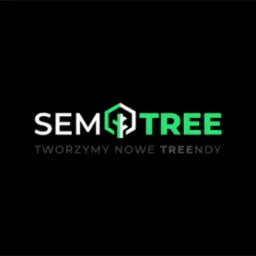 Graficzne logo SEMTREE na czarnym tle. Biały napis SEM, zielony TREE, heksagonalny symbol drzewa. Hasło: tworzymy nowe treendy.