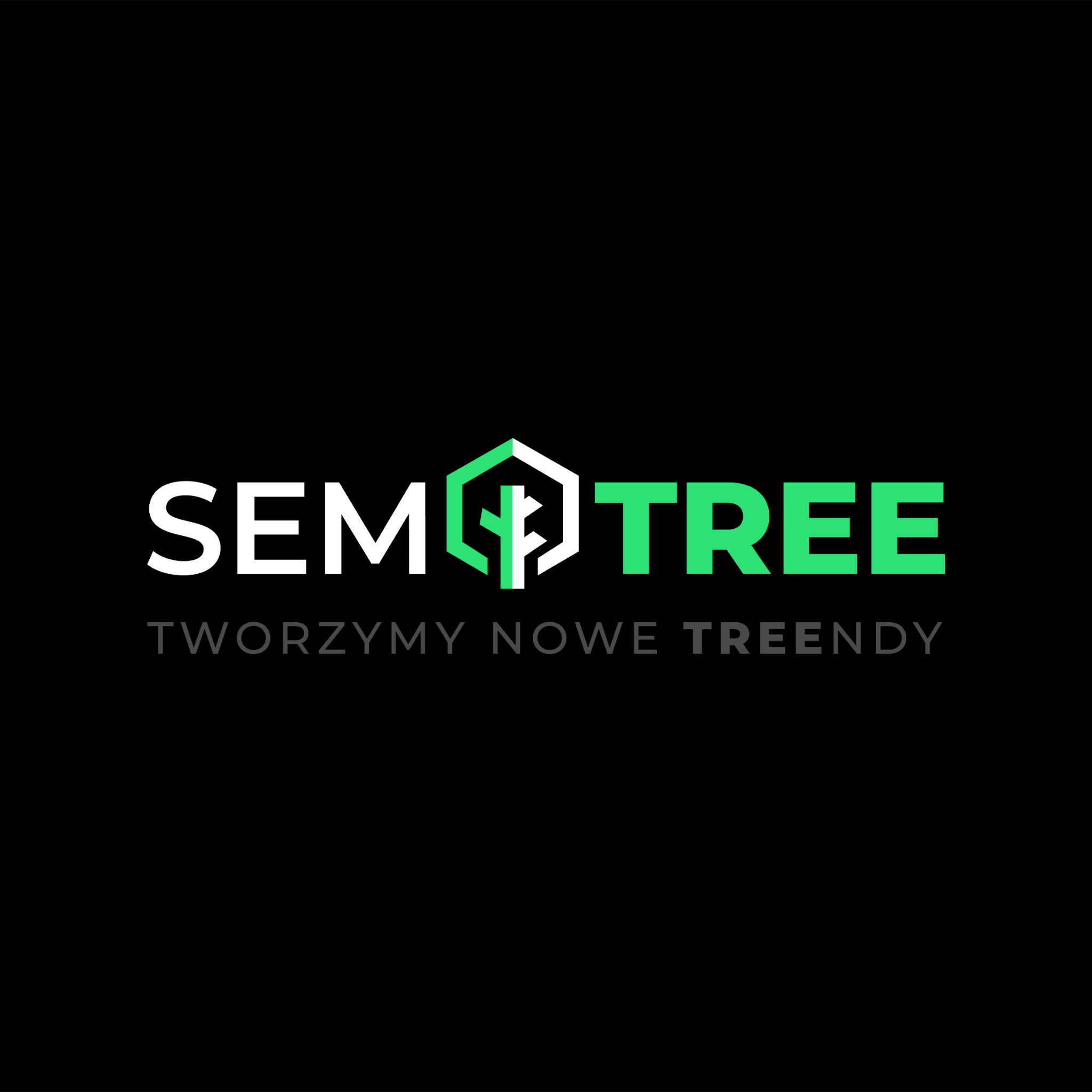 Graficzne logo SEMTREE na czarnym tle. Biały napis SEM, zielony TREE, heksagonalny symbol drzewa. Hasło: tworzymy nowe treendy.