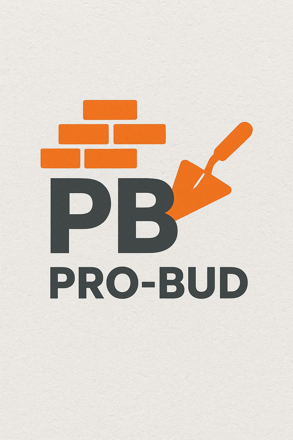 Logo firmy budowlanej PB Pro-Bud z motywem muru z cegieł i kielnią w pomarańczowych barwach na jasnym tle.