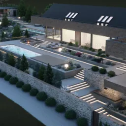 Wizualizacja domu z basenem i ogrodem kaskadowym, oświetlonymi ścieżkami i kamiennymi murkami. Nowoczesna architektura z elementami naturalnego krajobrazu.