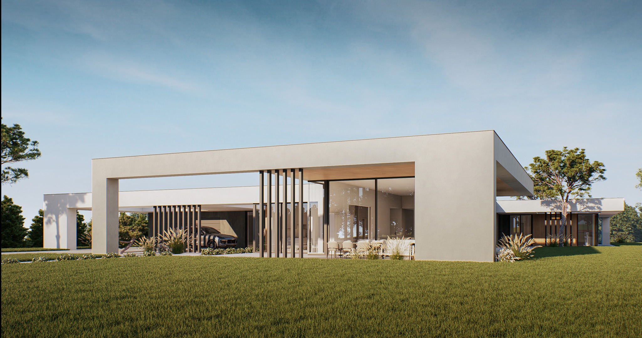 Nowoczesny dom z płaskim dachem, minimalistyczną elewacją i dużymi przeszkleniami. W tle widoczny samochód w garażu. Całość otoczona zielonym trawnikiem.