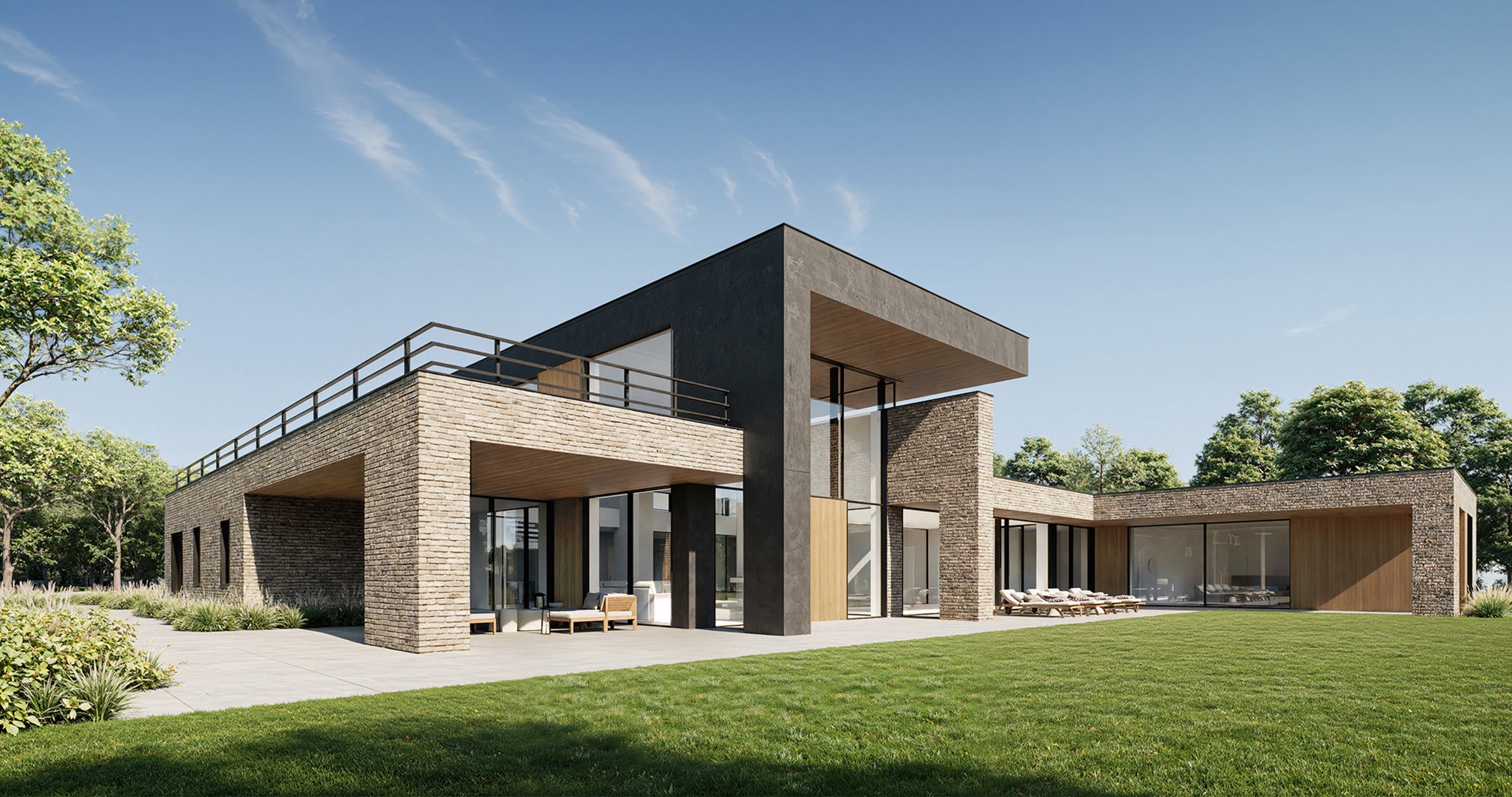 Elegancki, nowoczesny dom z płaskim dachem, wykończony cegłą i ciemnym tynkiem, otoczony zielonym trawnikiem i drzewami. Widoczne duże przeszklenia.