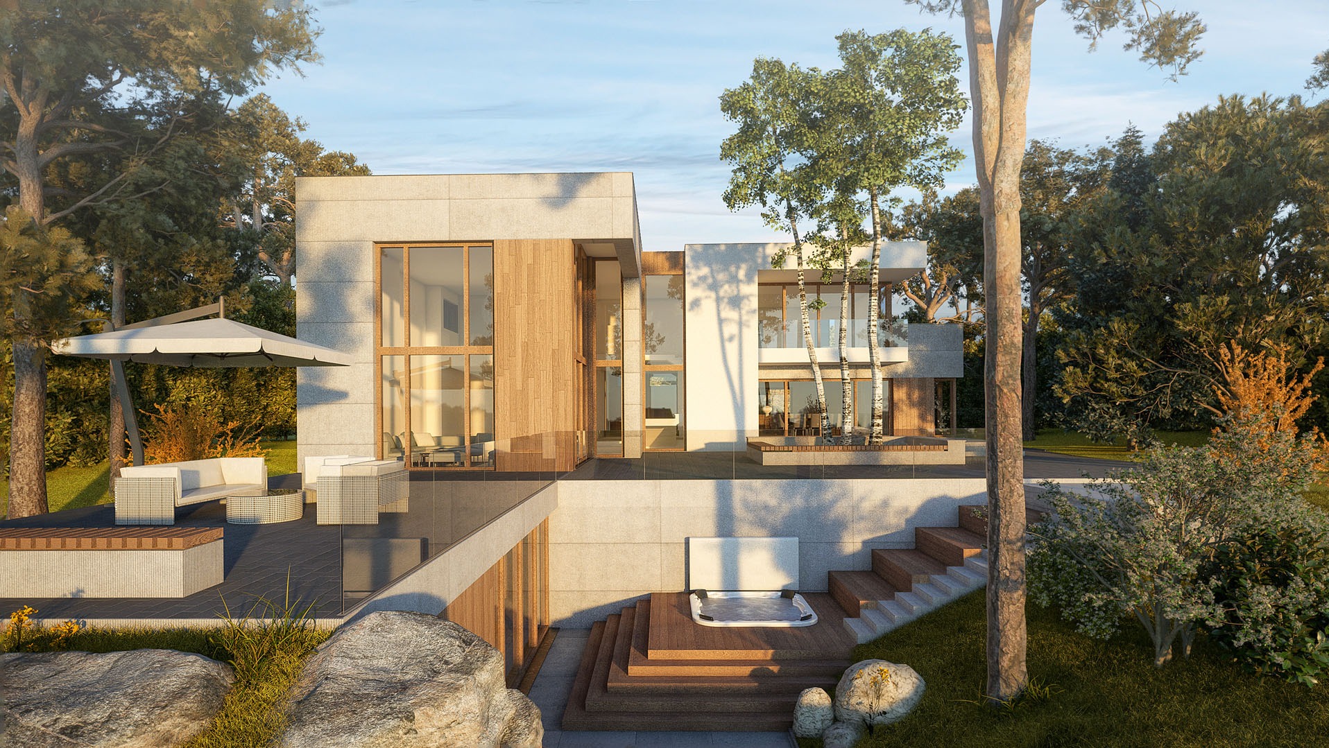 Nowoczesny dom z płaskim dachem i dużymi oknami w otoczeniu drzew. Na tarasie jacuzzi i meble ogrodowe. Architektura minimalistyczna, naturalne materiały.