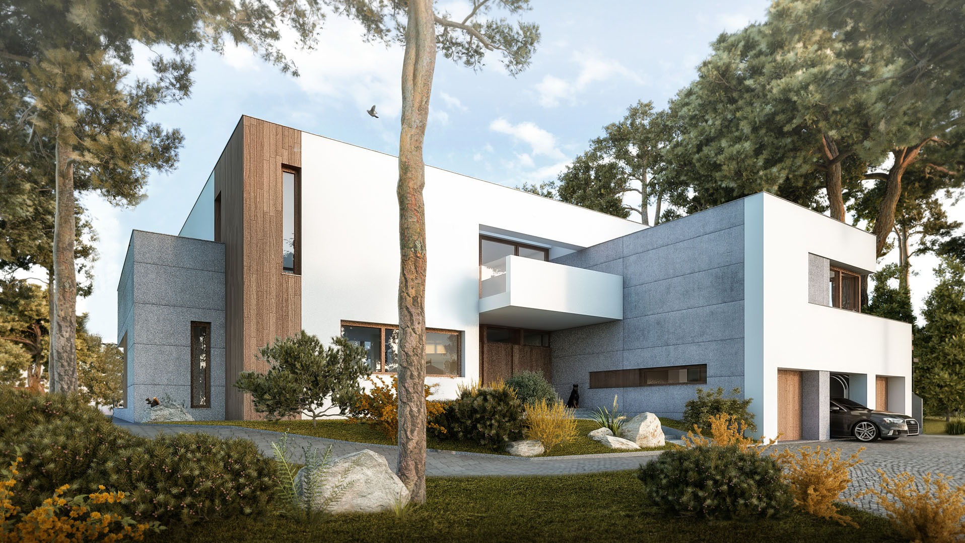 Nowoczesny dom jednorodzinny z elementami drewna i szarego kamienia, otoczony zielenią. Na podjeździe stoi czarny samochód, a przed wejściem widać sylwetkę psa.