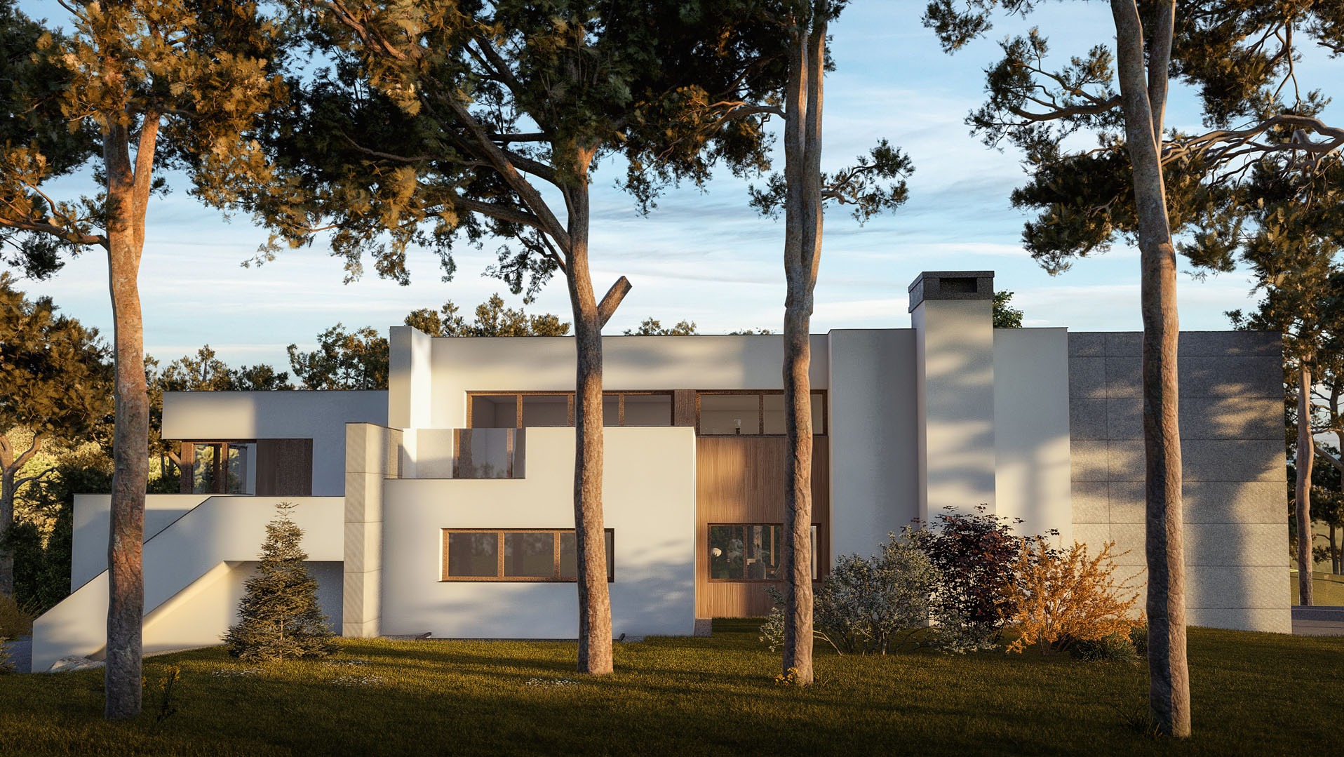 Nowoczesny dom z białymi ścianami i drewnianymi akcentami, otoczony drzewami. Minimalistyczna architektura z płaskim dachem i dużymi oknami. Projekt domu w naturalnym otoczeniu.