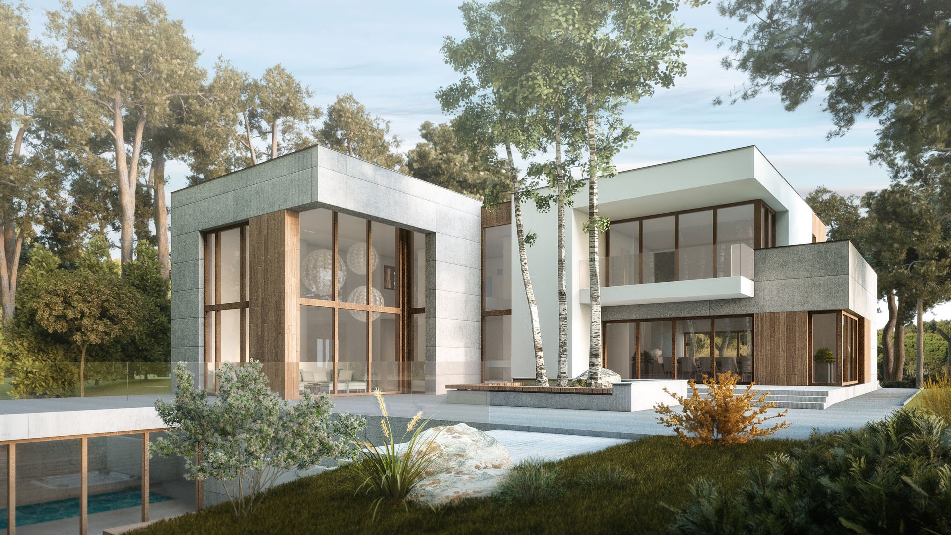 Nowoczesny dom z dużymi oknami i drzewami na tarasie, otoczony zielenią. Elementy z betonu architektonicznego i drewna. Widok z zewnątrz, jasne oświetlenie.