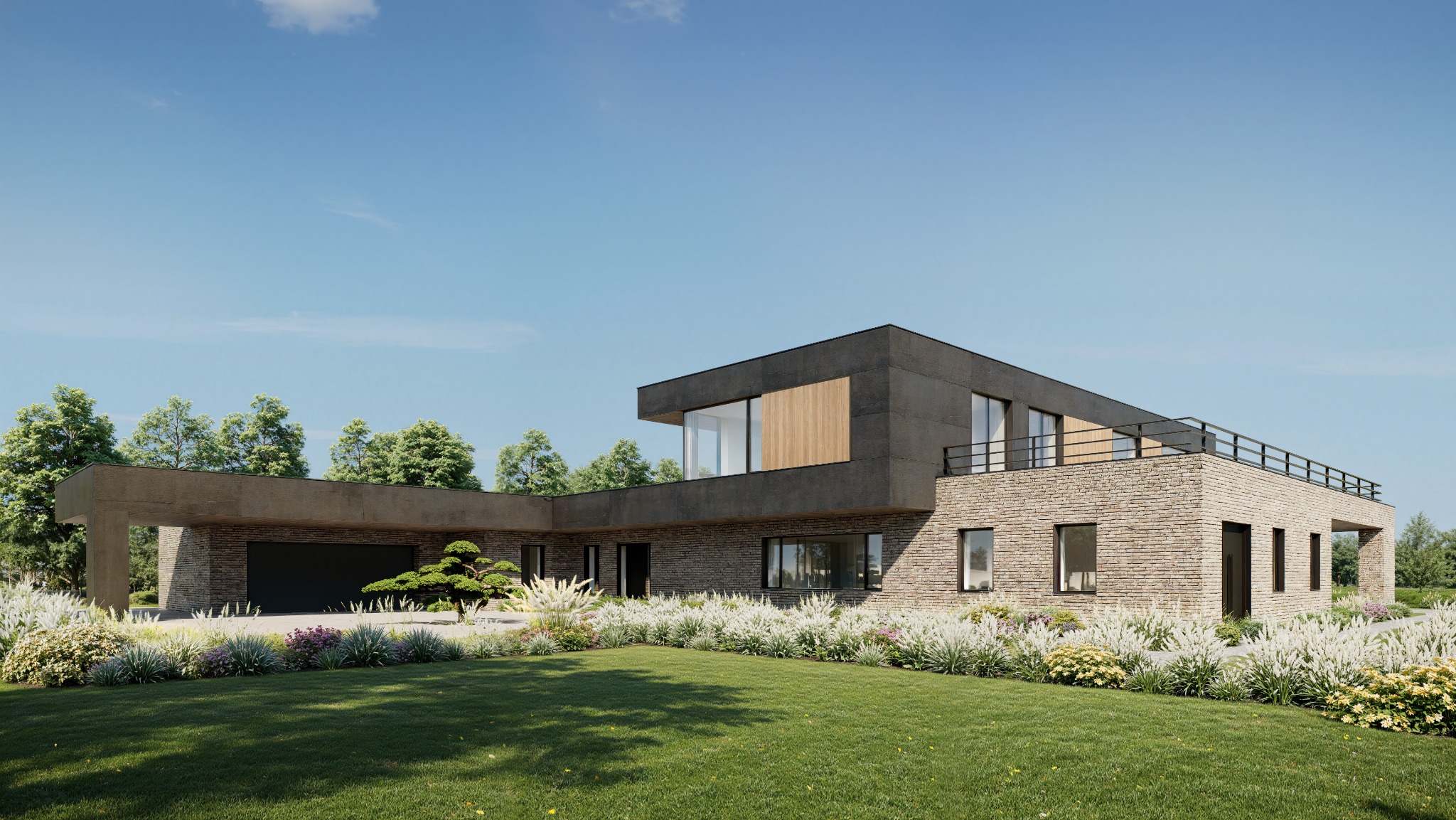Dwukondygnacyjny dom z garażem, wykończony cegłą i szarym tynkiem, otoczony zielenią i niskimi krzewami. Nowoczesna architektura z płaskim dachem i dużymi oknami.