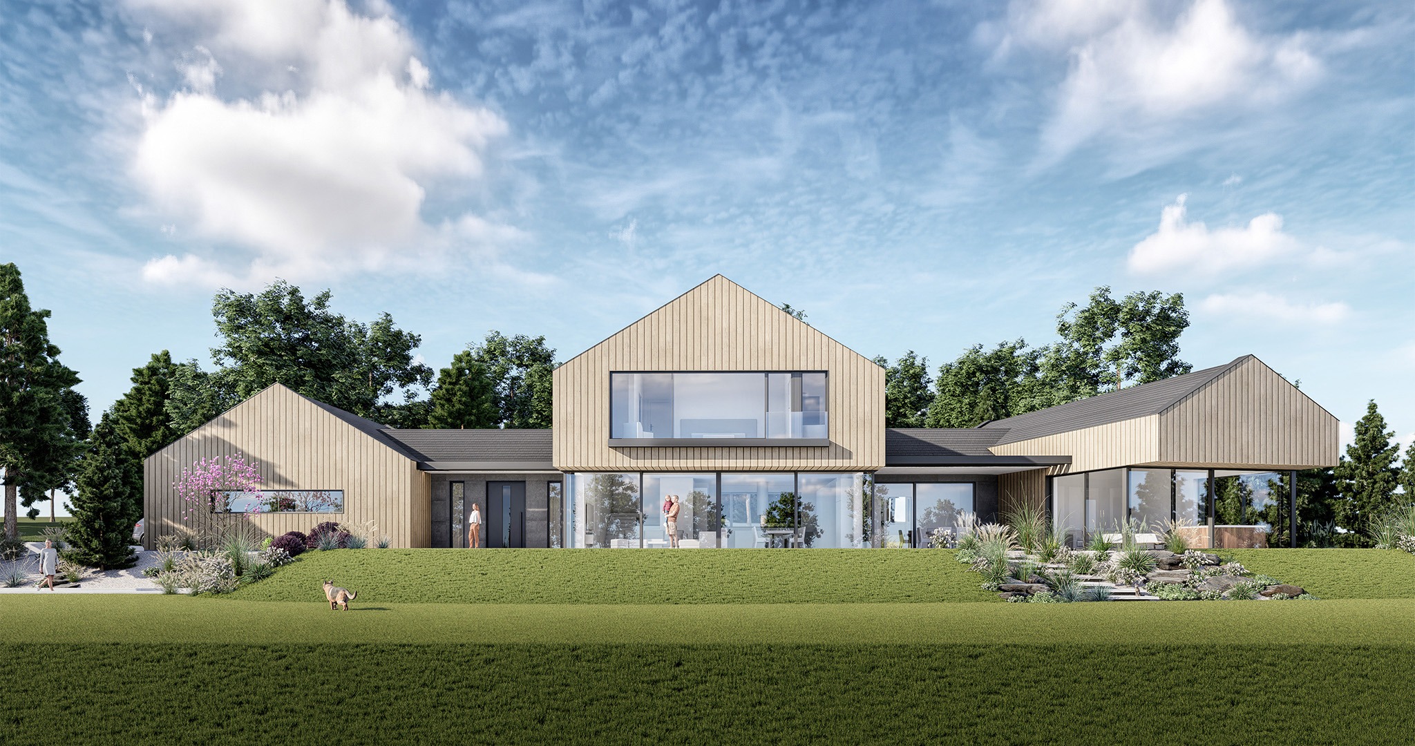 Wizualizacja nowoczesnego domu jednorodzinnego z drewnianą elewacją i dużymi przeszkleniami, otoczonego zielenią. Na pierwszym planie trawnik i swobodnie rosnąca roślinność.