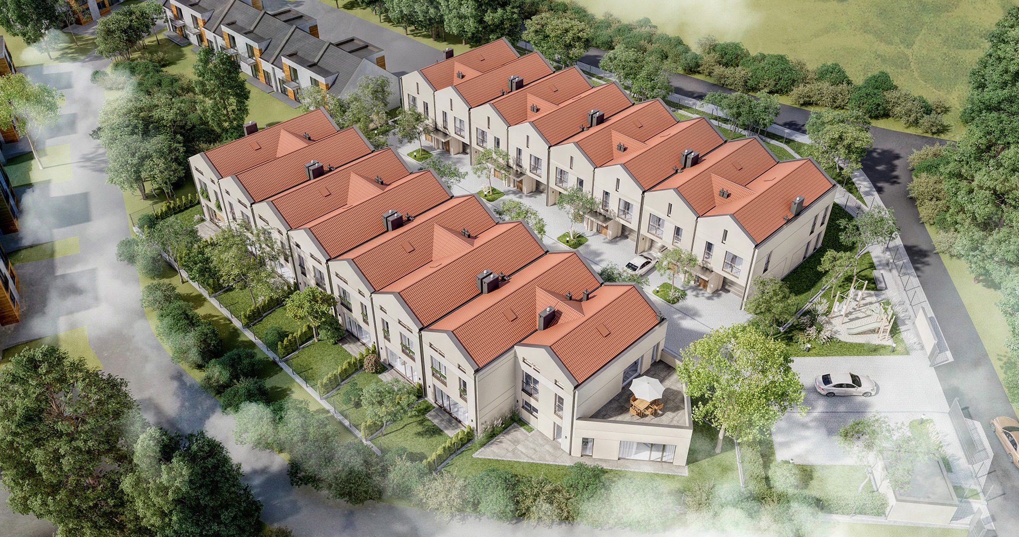 Wizualizacja osiedla domów szeregowych z czerwonymi dachami, otoczonego zielenią, z perspektywy lotu ptaka. Nowoczesna architektura z tarasami i starannie zagospodarowanym terenem.
