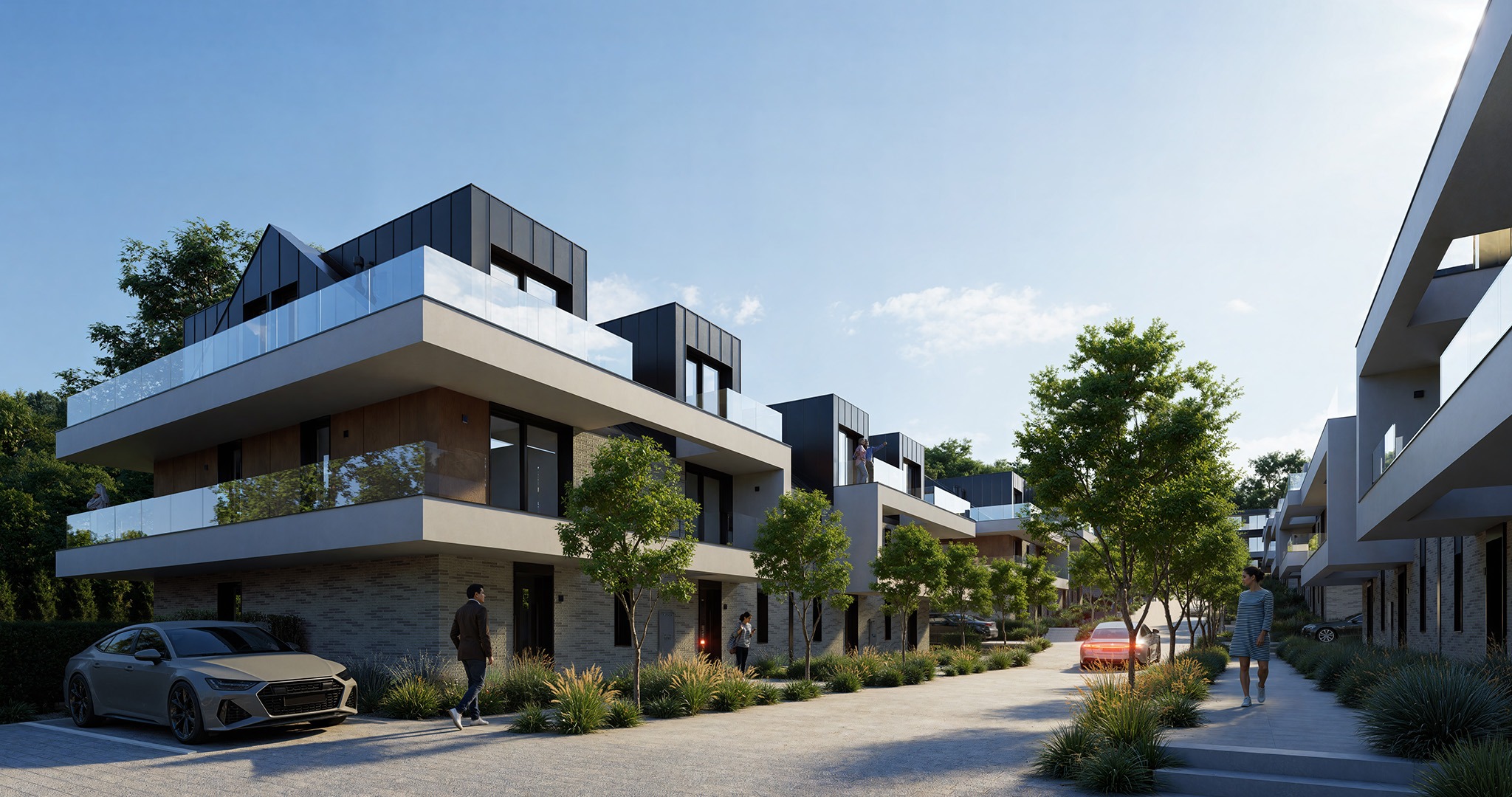 Wizualizacja szeregu nowoczesnych domów z płaskimi dachami i szklanymi balustradami, z samochodami i przechodniami w otoczeniu zieleni.