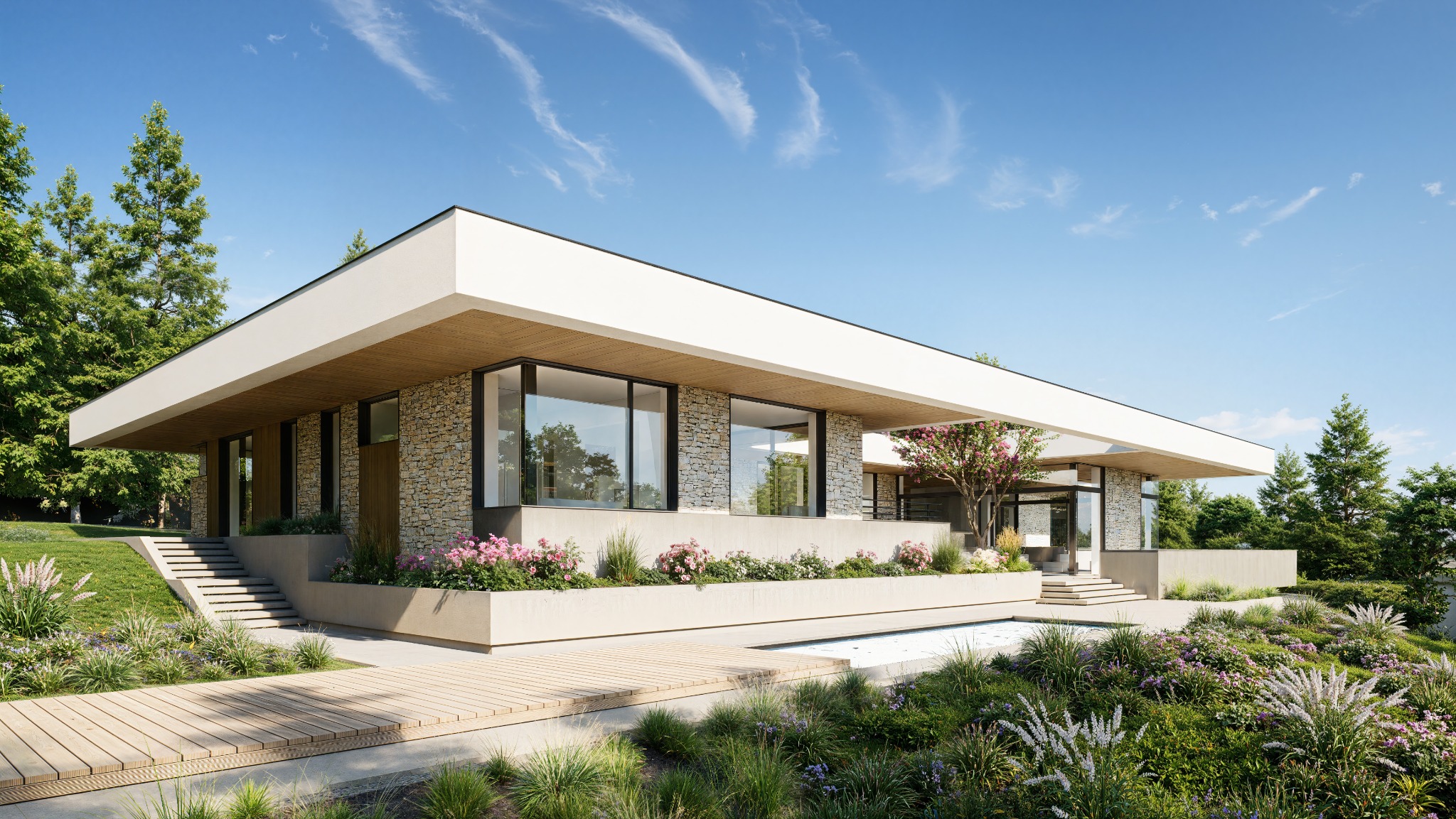 Elegancki, parterowy dom z kamienną elewacją i płaskim dachem, otoczony bujną zielenią i kwiatami. Widoczny drewniany pomost nad wodą i schody prowadzące do wejścia.