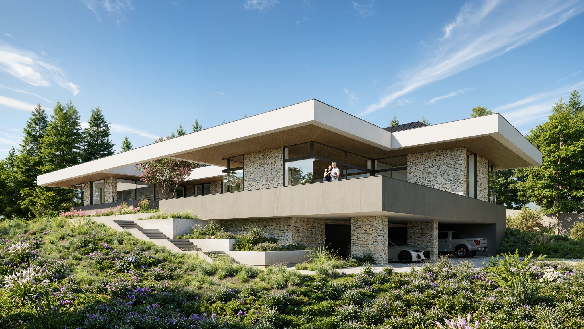 Nowoczesny dom z kamienną elewacją i dużymi oknami, otoczony zielenią. Na balkonie stoi para. Widoczne dwa samochody w garażu. Oświetlenie dzienne, błękitne niebo.