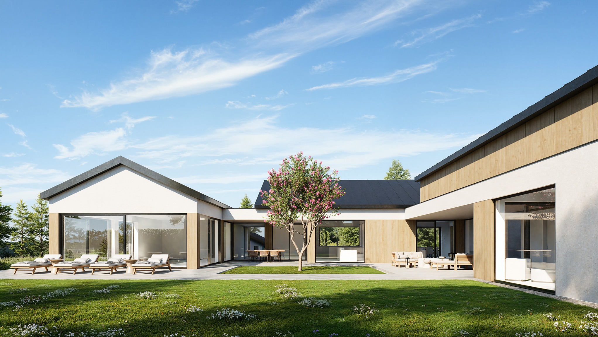 Elegancki, parterowy dom z płaskim dachem, otoczony zielonym trawnikiem i kwitnącym drzewem. Widoczne duże przesuwne okna i minimalistyczne meble ogrodowe.