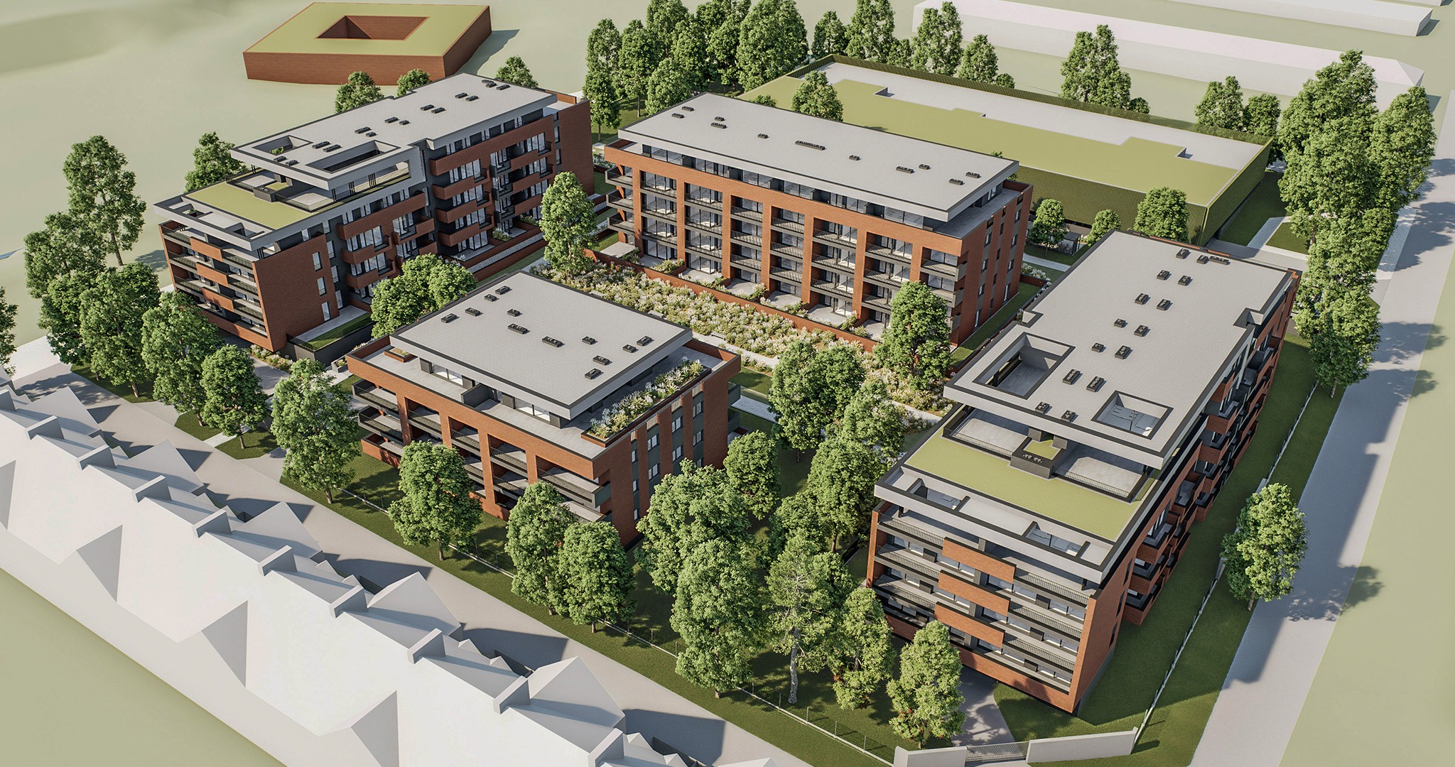 Wizualizacja zespołu budynków wielorodzinnych z ceglaną elewacją, otoczonych zielenią. Widok z lotu ptaka ukazuje architekturę z balkonami i płaskimi dachami.